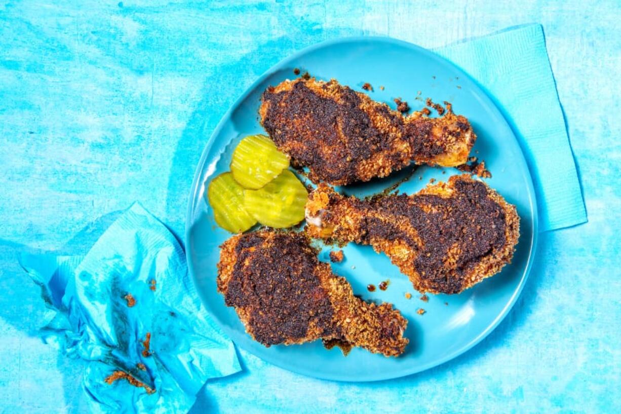 Oven-Fried Hot Chicken. Serve with pickles for a bright bite to balance the heat of the chicken.