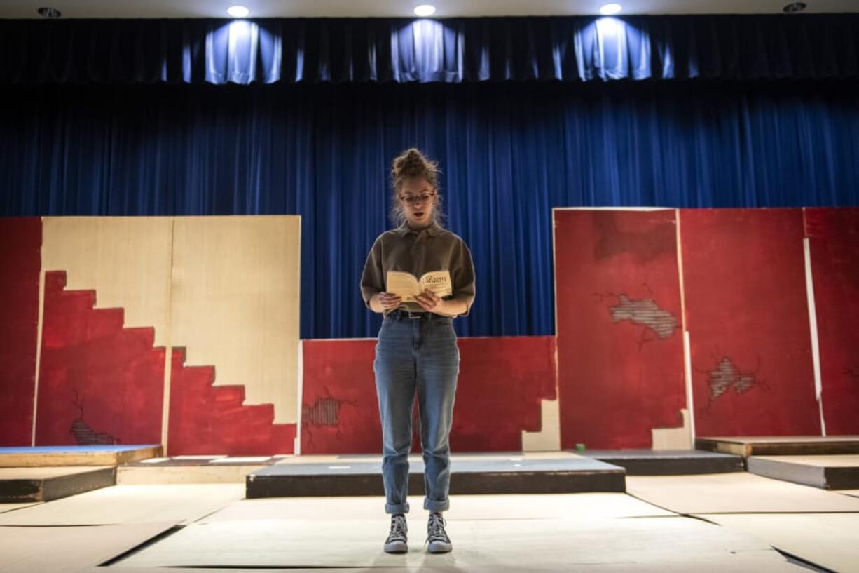 &quot;The Laramie Project&quot; is drawn from a series of real-life interviews. Here, Hockinson High School junior Naomi Neve practices a monologue during a recent rehearsal.