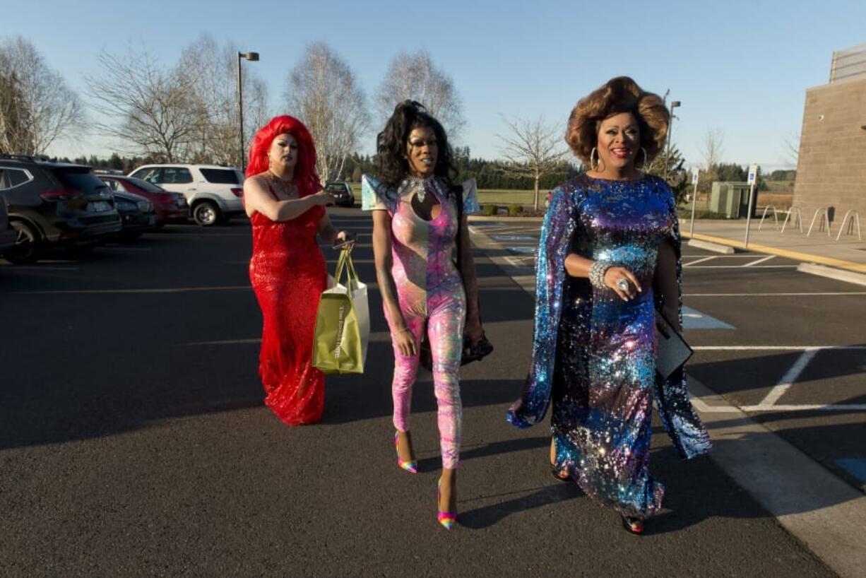 Drag queens Lylac, T&#039;Kara Campbell Starr and Poison Waters perform during a Purim celebration Monday night at Congregation Kol Ami in Brush Prairie. The three had never performed at a synagogue before.