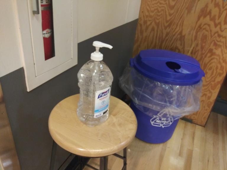 Hand sanitizer sits out for fans to use at the regional round games of the state basketball playoffs at Battle Ground High School on Saturday (Tim Martinez/The Columbian)