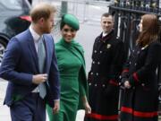 Britain&#039;s Harry and Meghan the Duke and Duchess of Sussex arrive to attend the annual Commonwealth Day service at Westminster Abbey in London on Monday.