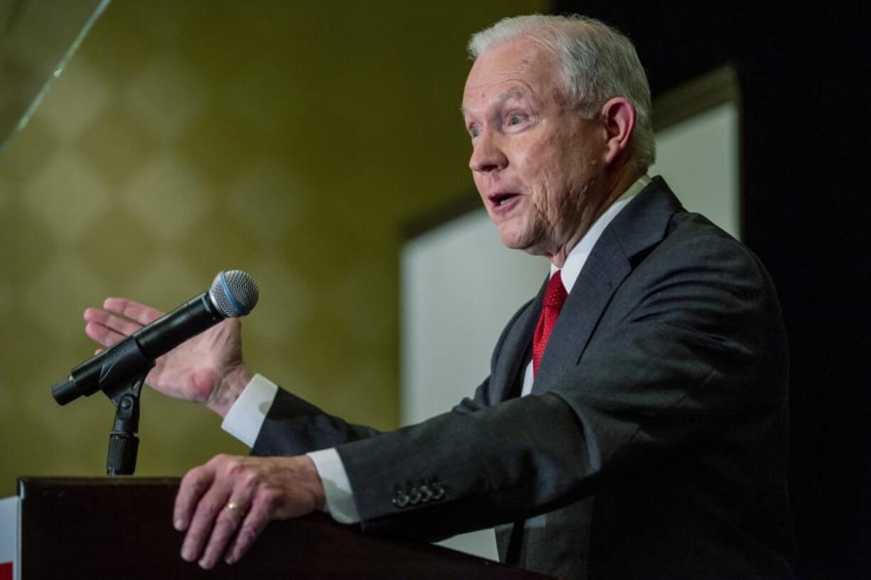 Jeff Sessions addresses the crowd at his watch party following Alabama&#039;s state primary, Tuesday, March 3, 2020, in Mobile, Ala.