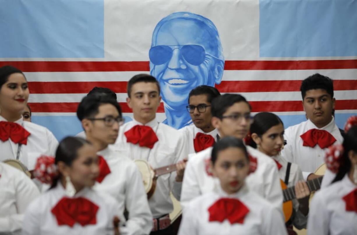 FILE - In this Jan. 11, 2020, file photo, a Mariachi band waits to perform before a campaign event with former Vice President and Democratic presidential candidate Joe Biden in Las Vegas. In Joe Biden&#039;s pursuit of the Democratic presidential nomination, he&#039;s run repeatedly into a wall in the West, where Bernie Sanders&#039; strength among Latinos propelled his campaign even as he struggled with other groups.