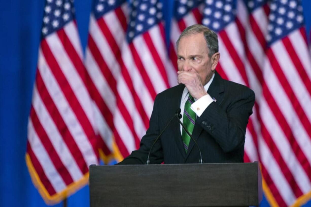 Former Democratic presidential candidate Mike Bloomberg pauses as he speaks to supporters about the suspension of his campaign, and his endorsement of former Vice President Joe Biden for president, in New York on Wednesday, March 4, 2020.