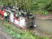 A Clark County Fire District 10 engine rolled over off a narrow unpaved road northeast of La Center on Monday. Crews were responding to a sick call.