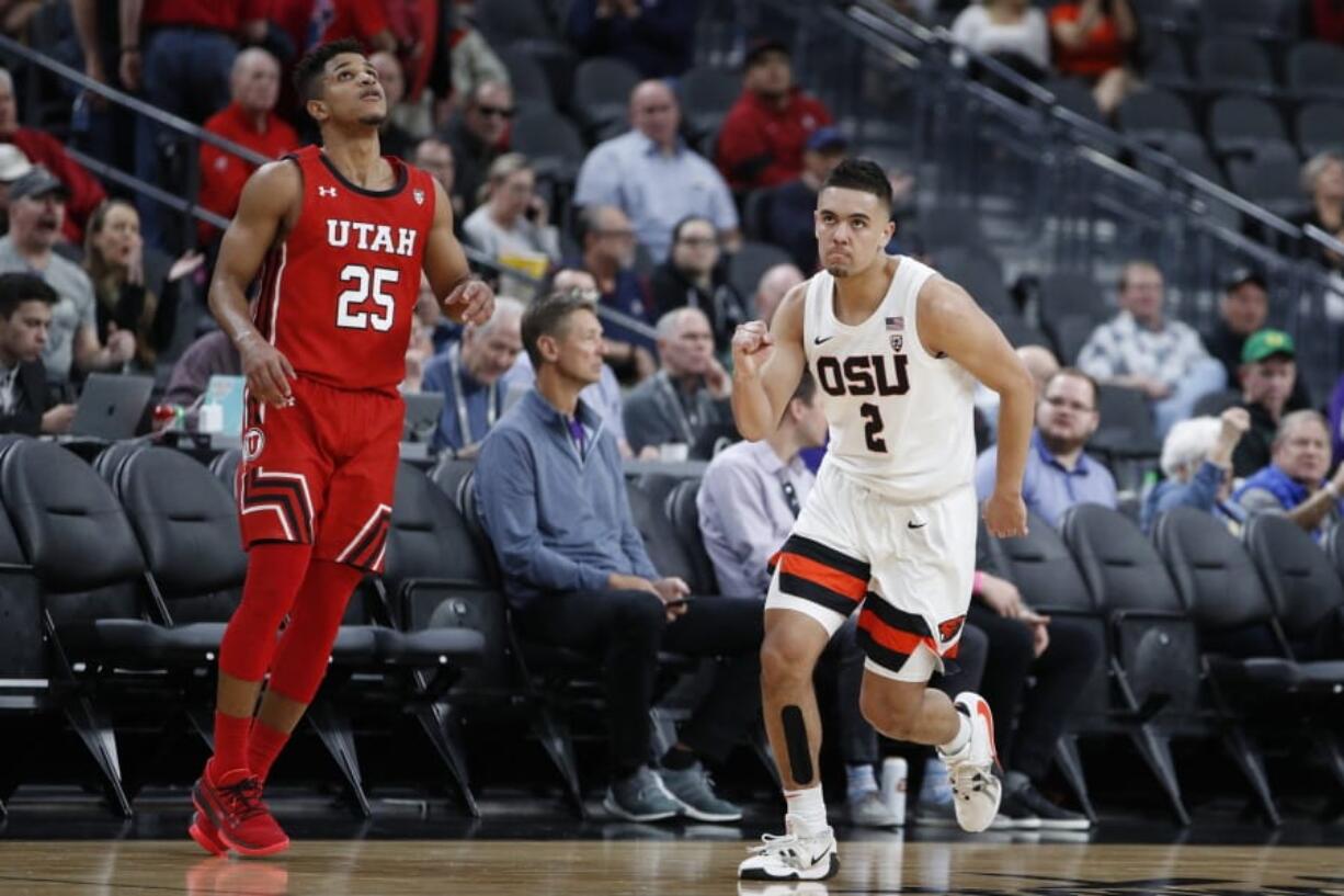 Oregon State&#039;s Jarod Lucas (2) celebrates after a play against Utah during the second half of an NCAA college basketball game in the first round of the Pac-12 men&#039;s tournament Wednesday, March 11, 2020, in Las Vegas.