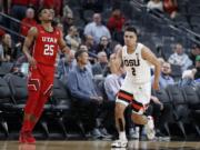 Oregon State&#039;s Jarod Lucas (2) celebrates after a play against Utah during the second half of an NCAA college basketball game in the first round of the Pac-12 men&#039;s tournament Wednesday, March 11, 2020, in Las Vegas.