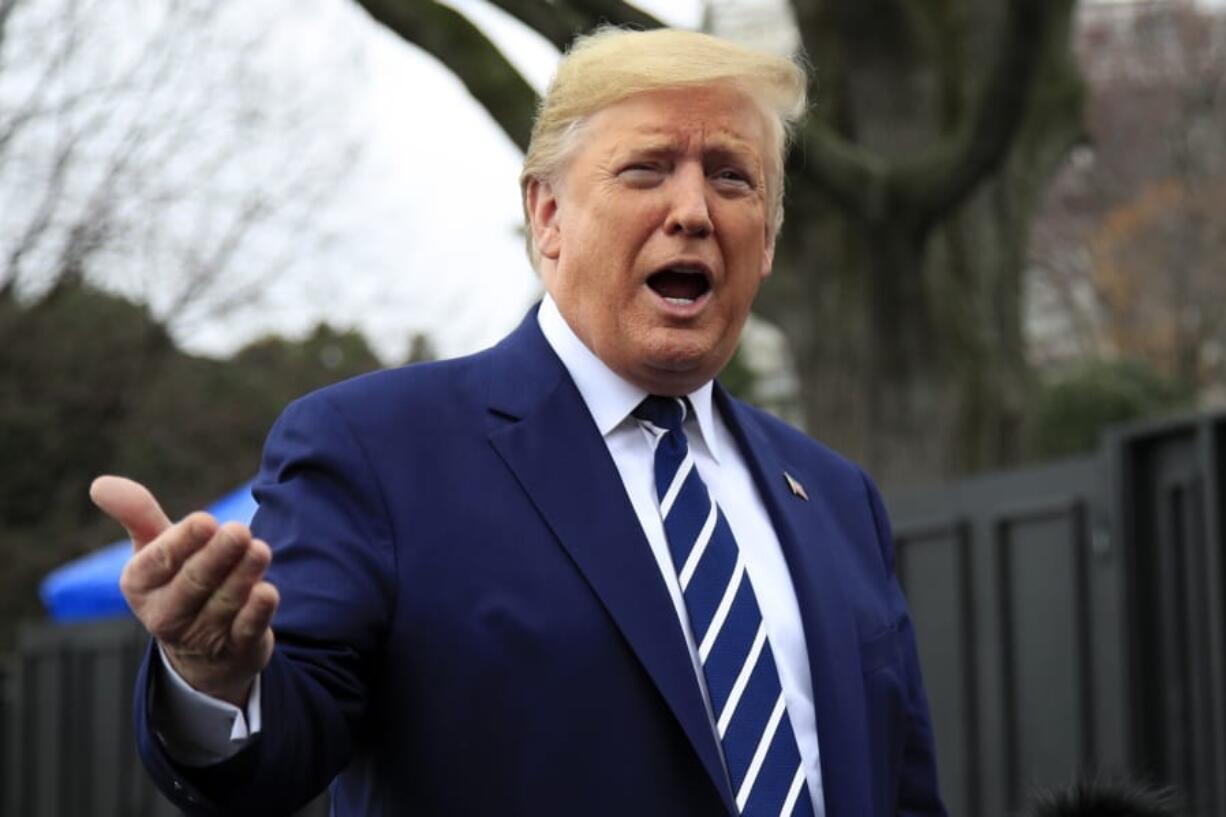 President Donald Trump speaks to the media as he leaves the White House, Tuesday, March 3, 2020, in Washington, to visit the National Institutes of Health&#039;s Vaccine Research Center in Bethesda, Md.