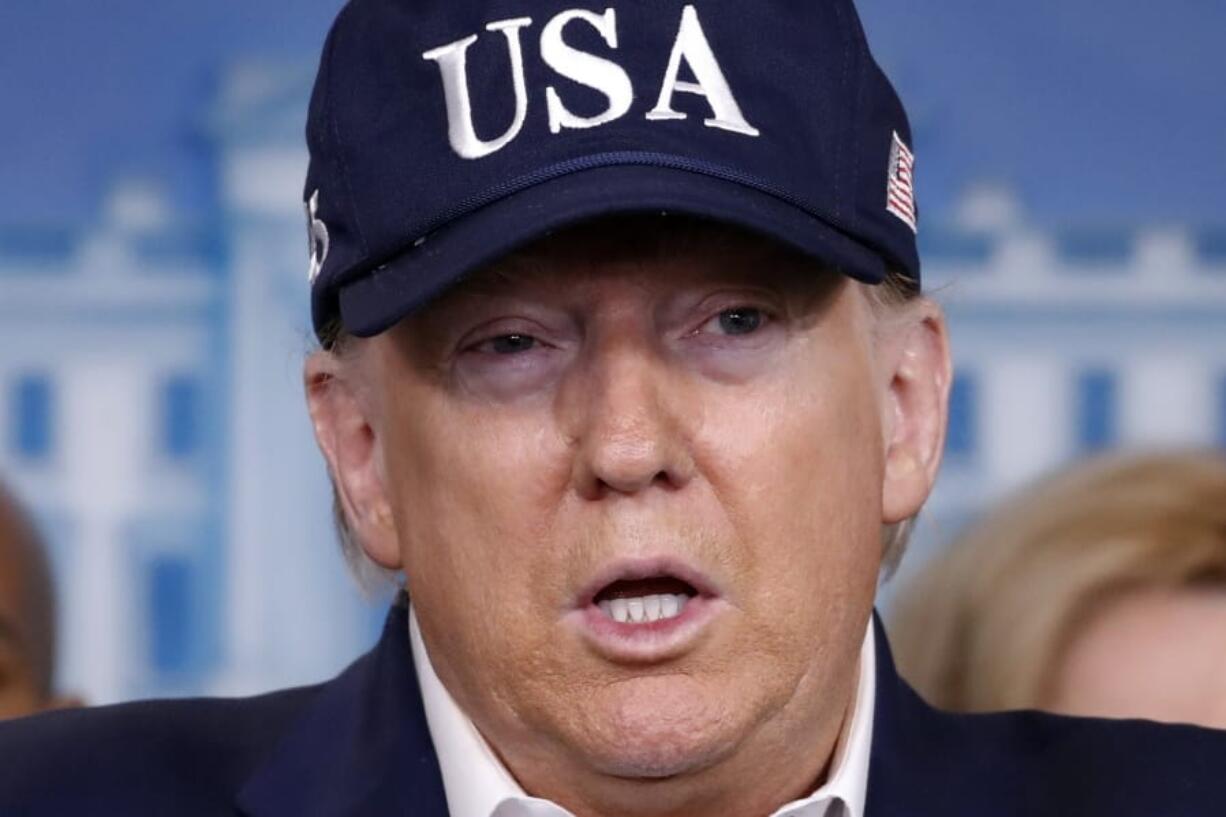 President Donald Trump speaks during a briefing on coronavirus in the Brady press briefing room at the White House, Saturday, March 14, 2020, in Washington.