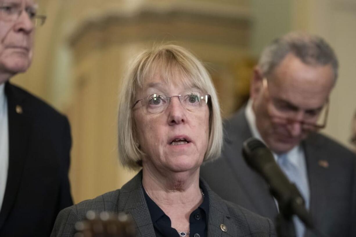 Sen. Patrick Leahy, D-Vt., left, and Senate Minority Leader Chuck Schumer of N.Y., listen as Sen. Patty Murray, D-Wash., speaks about the coronavirus, Tuesday, March 3, 2020 in Washington.