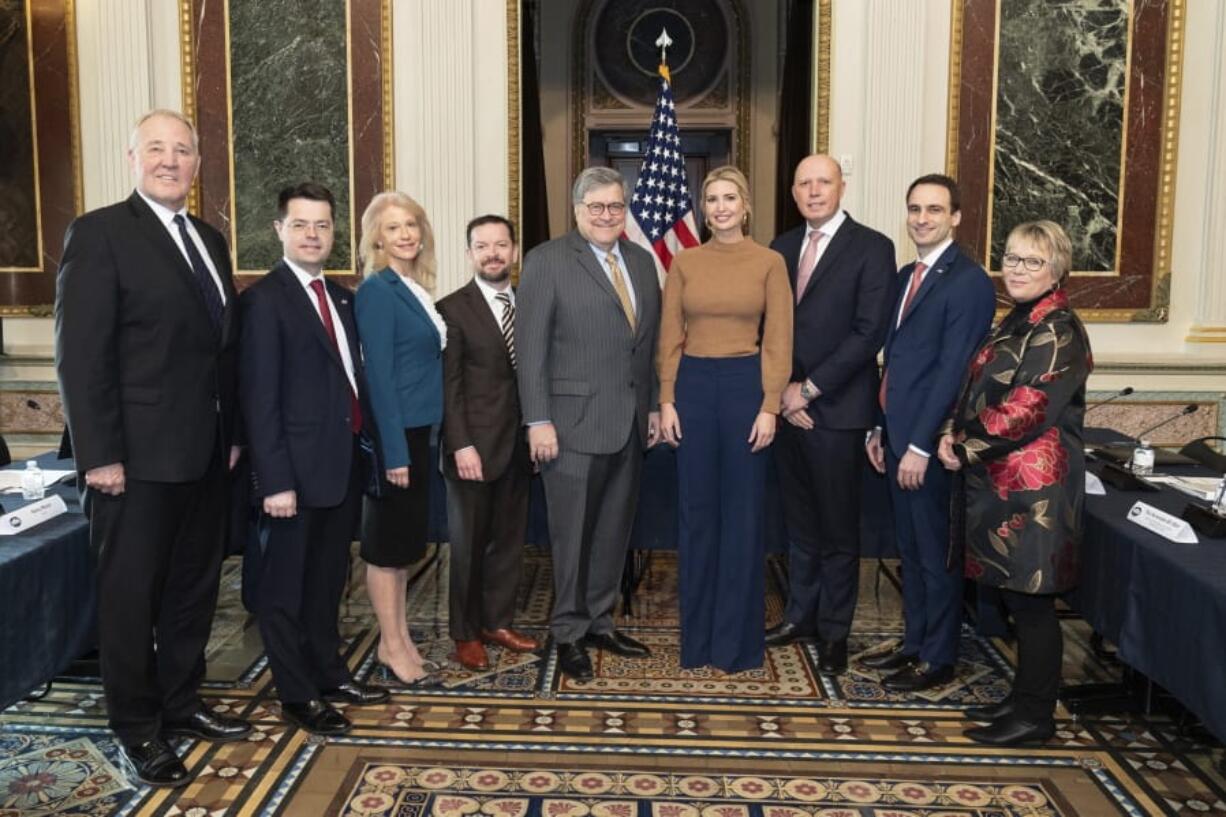 In this image provided by the White House, from left, Canadian Minister of Public Safety and Emergency Preparedness Bill Blair,  U.K. Secretary of State for Housing, Communities and Local Government James Brokenshire, White House counselor Kellyanne Conway,  Assistant to the President and Director of the Domestic Policy Council Joe Grogan, Attorney General William Barr, White House Senior Advisor Ivanka Trump, Australian Home Affairs Minister Peter Dutton, unidentified, and Tracey Martin, New Zealand Internal Affairs and Children&#039;s Minister, participate in a meeting with victims of child sexual exploitation Thursday, March 5, 2020, in the Indian Treaty Room in the Eisenhower Executive Office Building on the White House complex in Washington.