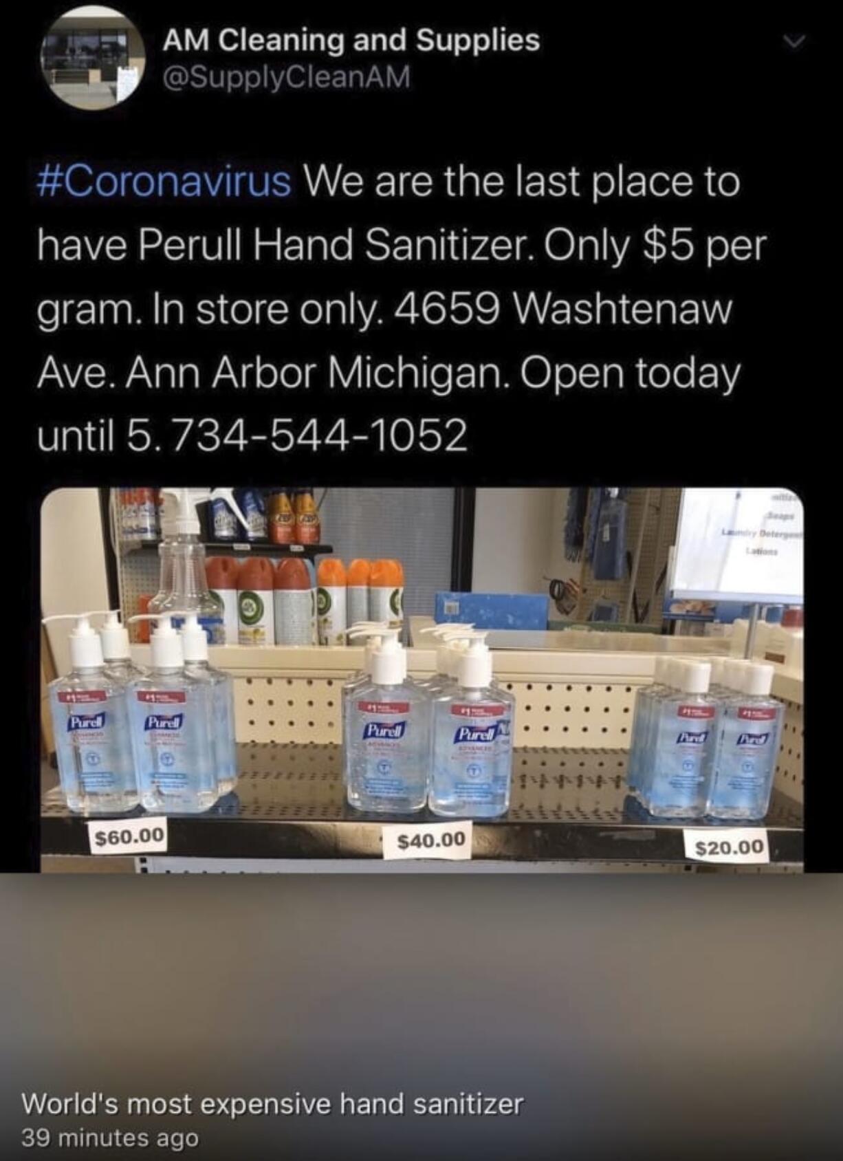 A screengrab from the Twitter account of A.M. Cleaning and Supplies in Ann Arbor Mich., advertising Purell hand sanitizer.