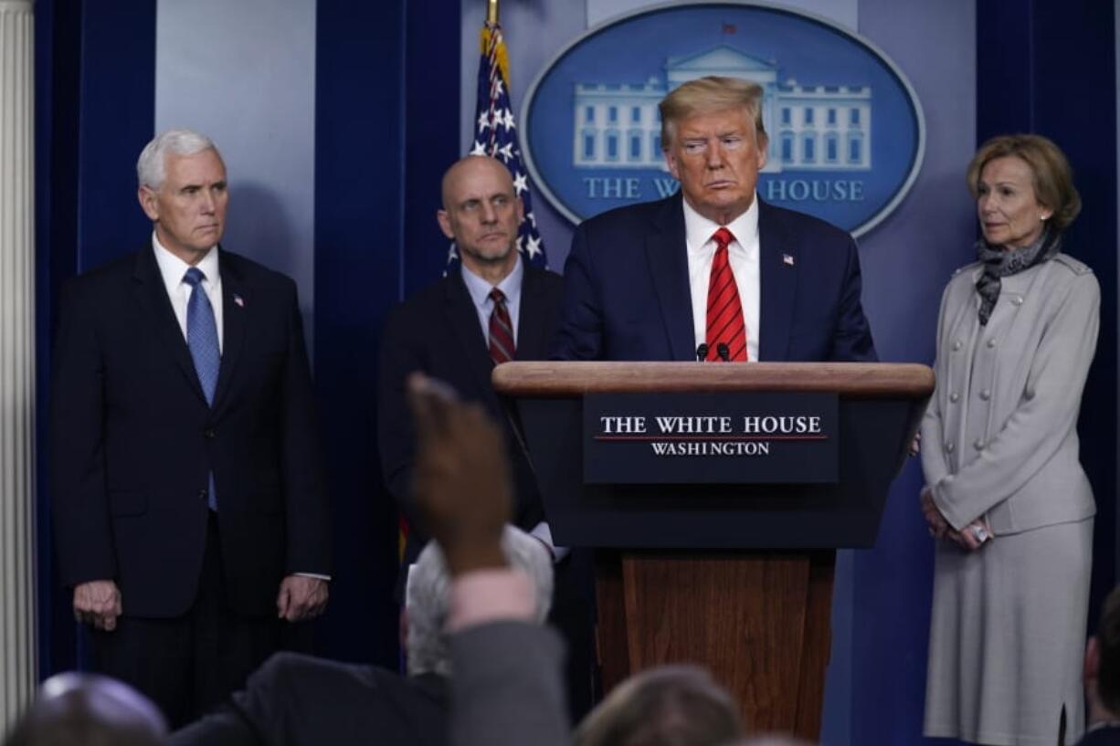 President Donald Trump takes questions during press briefing with the coronavirus task force, at the White House, Thursday, March 19, 2020, in Washington.