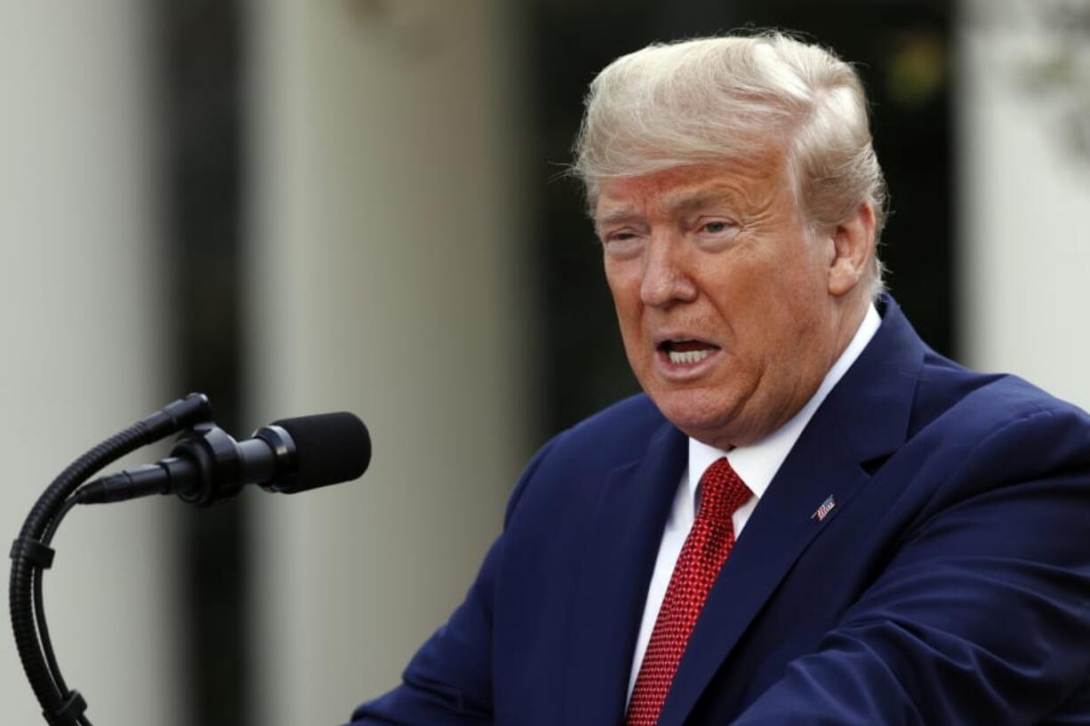 President Donald Trump speaks during a coronavirus task force briefing in the Rose Garden of the White House, Sunday, March 29, 2020, in Washington.