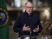 Gov. Jay Inslee discusses the deployment of a field hospital at CenturyLink Field Event Center on Saturday, March 28, 2020, in Seattle, Wash. This field hospital is expected to create at least 150 hospital beds for non-COVID-19 cases.