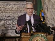 State Secretary of Health John Wiesman talks to the media about the decision to close schools in three counties in response to COVID-19, Thursday, March 12, 2020, in Olympia, Wash. All public and private K-12 schools in King, Pierce and Snohomish counties will be closed for six weeks, and Gov. Jay Inslee said there could be closures in more counties soon.