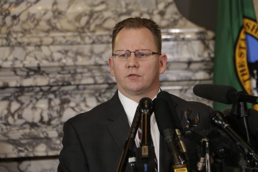 State Superintendent of Public Instruction Chris Reykdal talks to the media about the decision to close schools in three counties in response to COVID-19, Thursday, March 12, 2020, in Olympia, Wash. All public and private K-12 schools in King, Pierce and Snohomish counties will be closed for six weeks, and Gov. Jay Inslee said there could be closures in more counties soon.