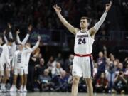 Gonzaga&#039;s Corey Kispert (24) celebrates after a teammate scored a 3-point shot against Saint Mary&#039;s in the first half of an NCAA college basketball game in the final of the West Coast Conference men&#039;s tournament Tuesday, March 10, 2020, in Las Vegas.