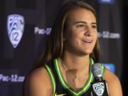 Oregon&#039;s Sabrina Ionescu earned a spot on The Associated Press women&#039;s basketball All-America team Thursday, March 19, 2020, as a unanimous choice from the national media panel that votes on the Top 25 each week.  (AP Photo/D.