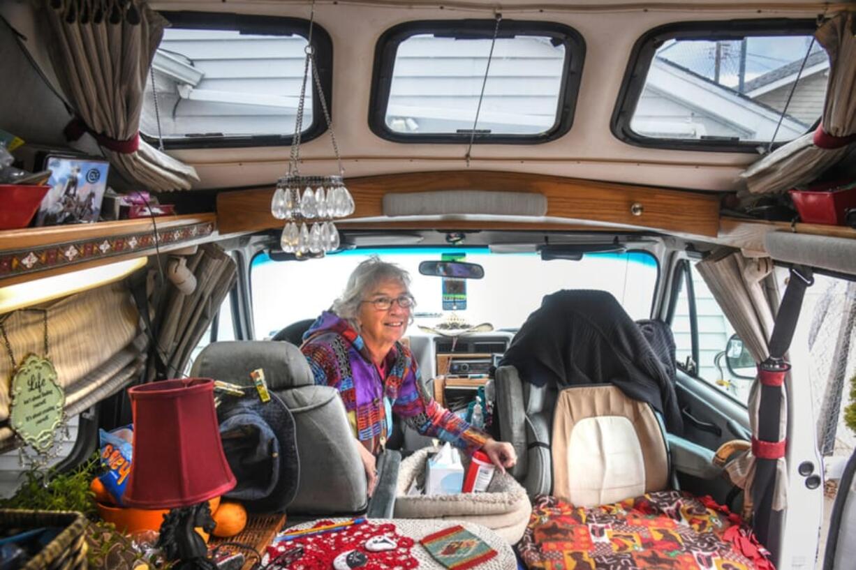 Karen Blaine, 69, normally on the road in her Roadtrek van for nine months of the year came home early to Spokane to support her elderly aunt.