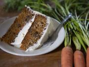 A homemade, vegetarian carrot cake made with cinnamon, pecans, all-purpose flour, buttermilk, coarsely shredded carrots and topped with a cream cheese frosting, Wednesday, April 10, 2019, in Ben Avon.