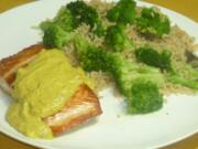 Pan Roasted Salmon with Curry Sauce and Basmati Rice and Broccoli.