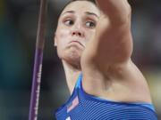 Kara Winger, of the United States, competes in the women&#039;s javelin throw final at the World Athletics Championships in Doha, Qatar, Tuesday, Oct. 1, 2019. (AP Photo/David J.