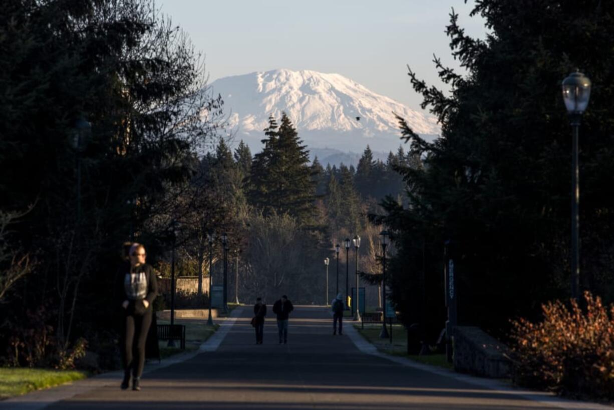 A fresh blanket of snow covers Mount St. Helens, in this December 2018 photo from the Washington State University Vancouver campus.