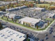 Concept renderings show the western half of the planned Skyview Station retail center in Salmon Creek, shown looking northeast. The project will include eight retail buildings intended to house a bank, pharmacy, restaurant and specialty grocery store, among other tenants.