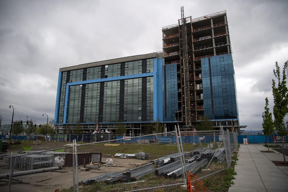 Construction begins again at the Kirkland Tower at the Vancouver Waterfront on April 24, 2020.