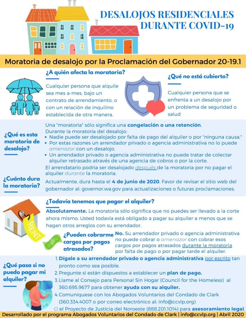 The Clark County Volunteer Lawyers Program developed this cheat sheet to help tenants better understand the state's eviction moratorium. PDF