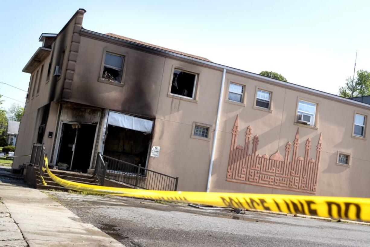 This Friday, April 24, 2020 photo shows damage to the Islamic Center of Cape Girardeau, Mo. after a fire.   The FBI is offering a $5,000 reward for information leading to the arrest of anyone connected to a fire that badly damaged the center in southeast Missouri.  Fire broke out early Friday at the Islamic Center of Cape Girardeau. About 12 to 15 people were evacuated and escaped injury.