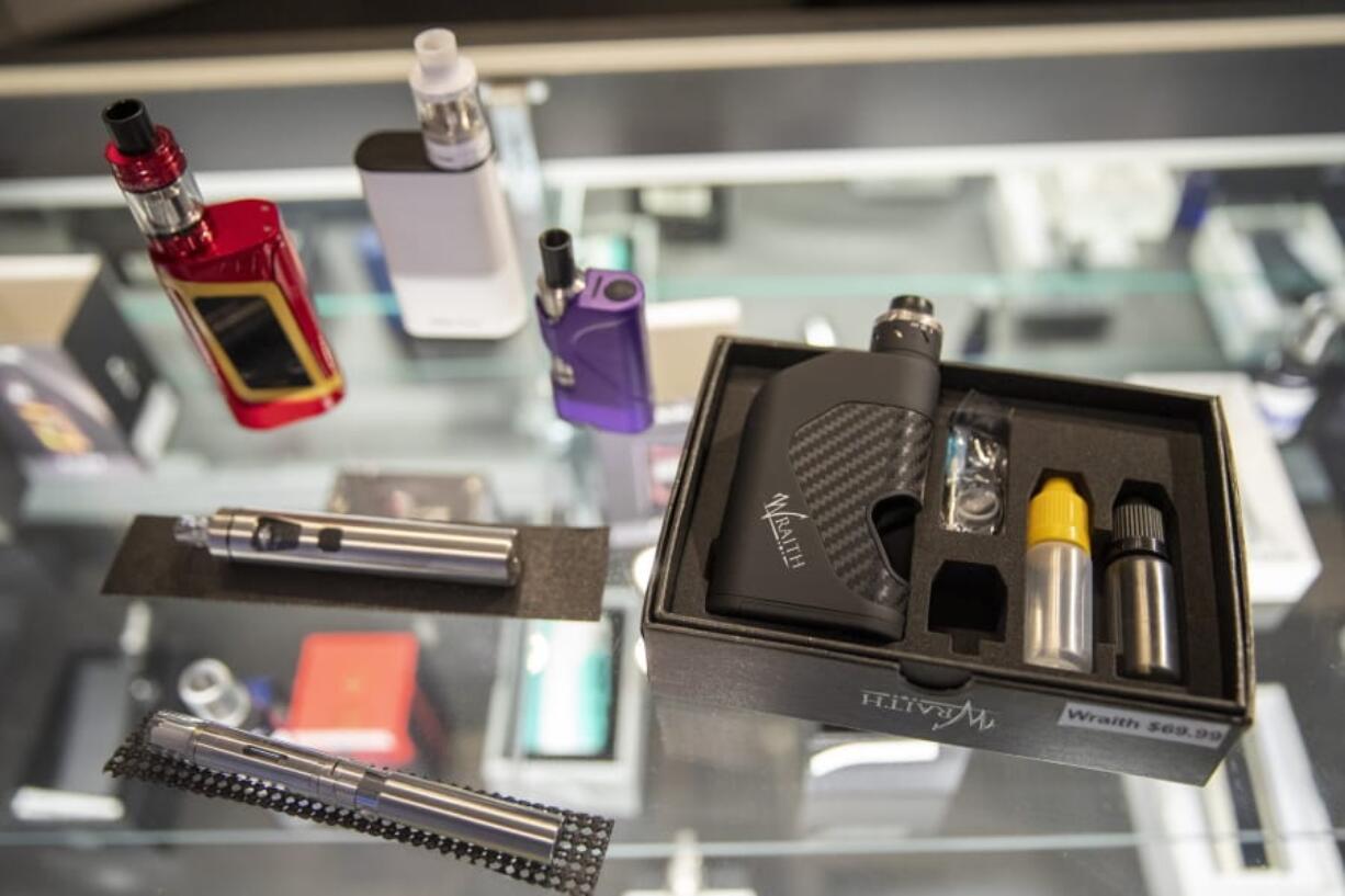 Vaping devices are displayed at a store in New York.