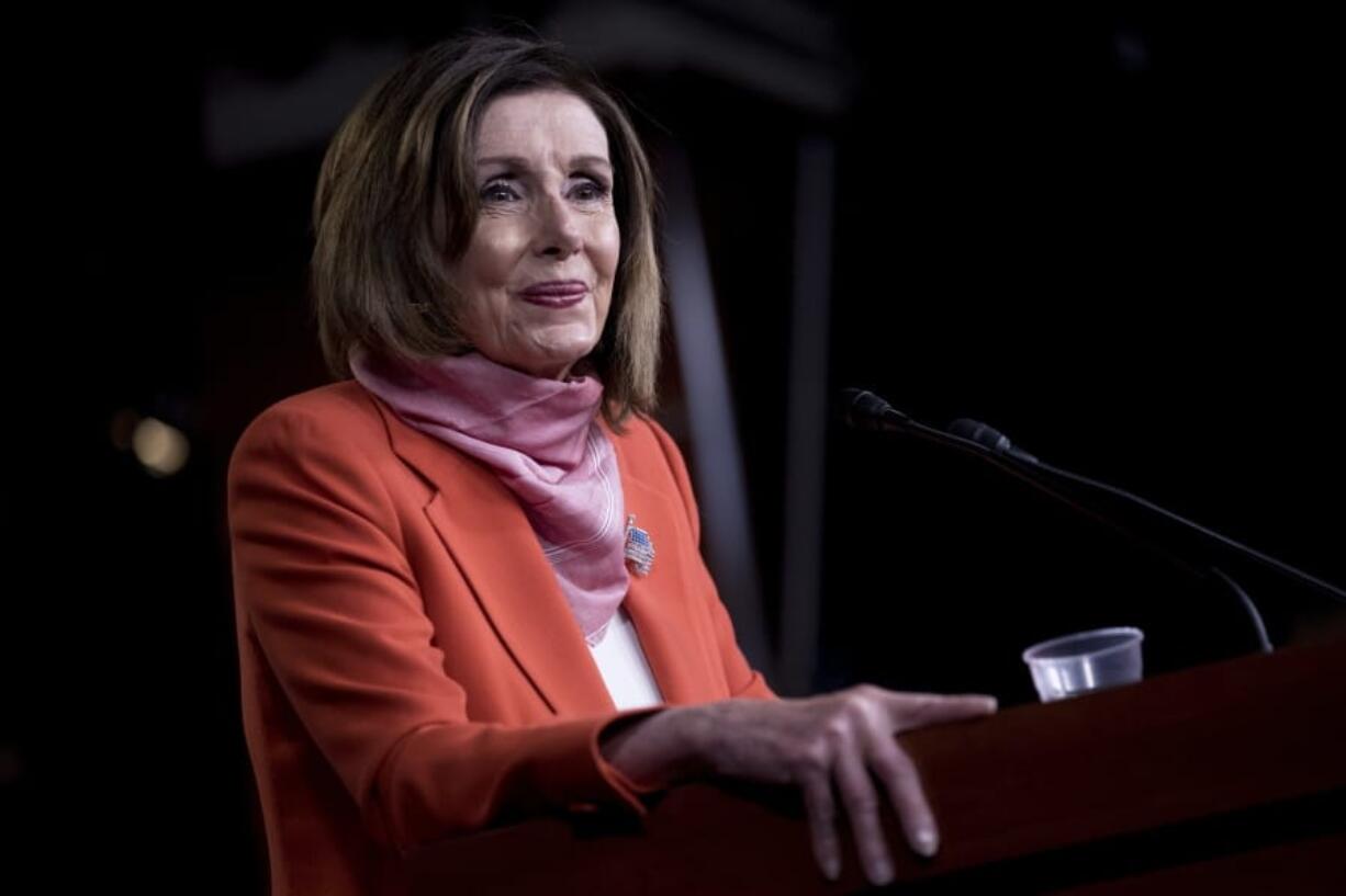 FILE - In this April 24, 2020, file photo House Speaker Nancy Pelosi of Calif., takes a question from a reporter during a news conference on Capitol Hill in Washington. Pelosi shelved a proposal for proxy voting this week after Republicans objected.