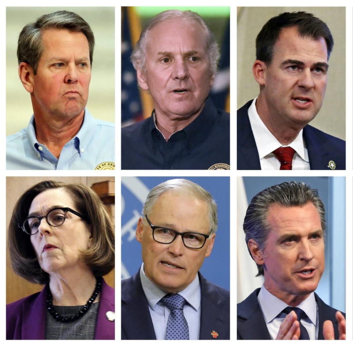 FILE - This combination of 2020 file photos, show U.S. governors, from top left, Brian Kemp, R-Ga., Henry McMaster, R-S.C., and Kevin Stitt, R-Okla., bottom row, from left, Kate Brown, D-Ore., Jay Inslee, D-Wash., and Gavin Newsom, D-Calif. Governors in a handful of states are racing ahead with reboots to their economy even before they meet another key marker, having robust systems in place for testing and tracing the contacts of those who are positive for the virus. Those decisions stand in stark contrast to other governors who continue to maintain a cautious approach to reopening and have said they will base their decision only on the public health data and their ability to keep the virus outbreak in check.