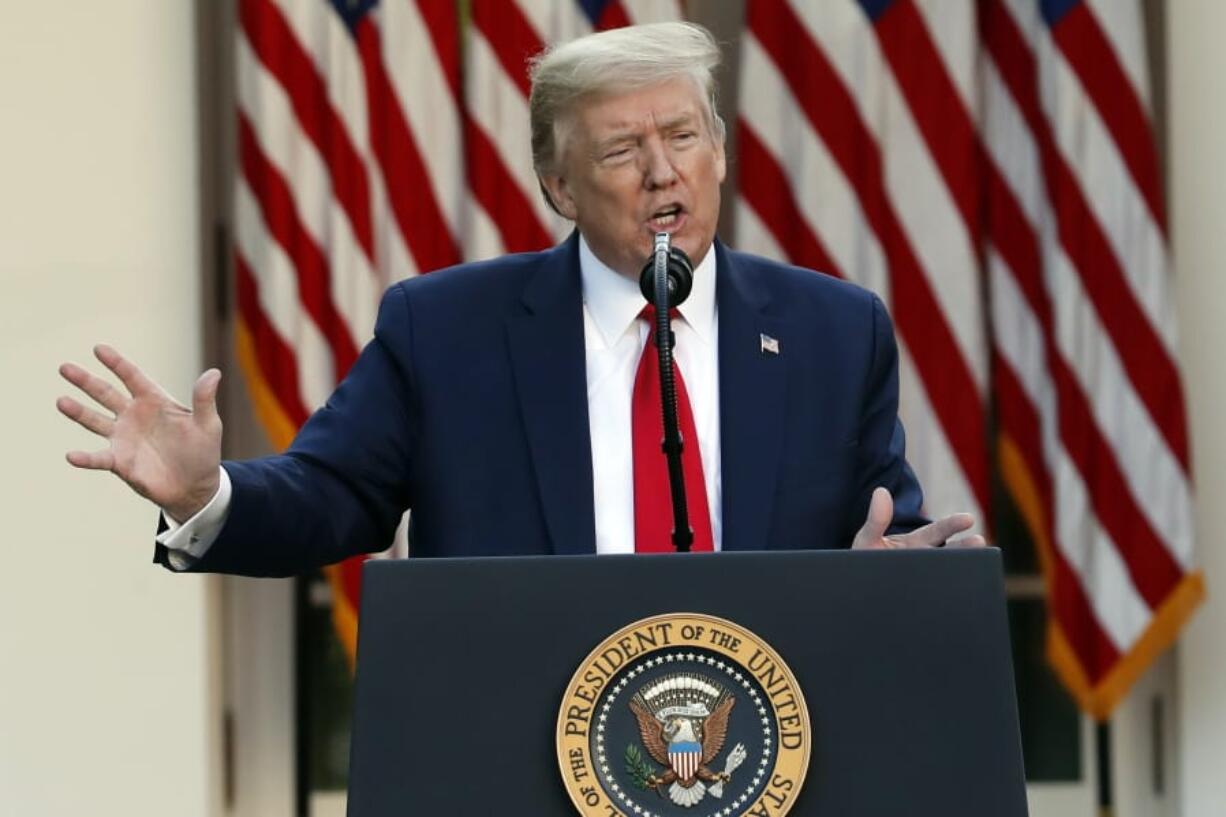 President Donald Trump speaks about the coronavirus in the Rose Garden of the White House, Monday, April 27, 2020, in Washington. Trump says states should &quot;seriously consider&quot; reopening their public schools before the end of the academic year, even though dozens already have said it would be unsafe for students to return until the summer or fall.