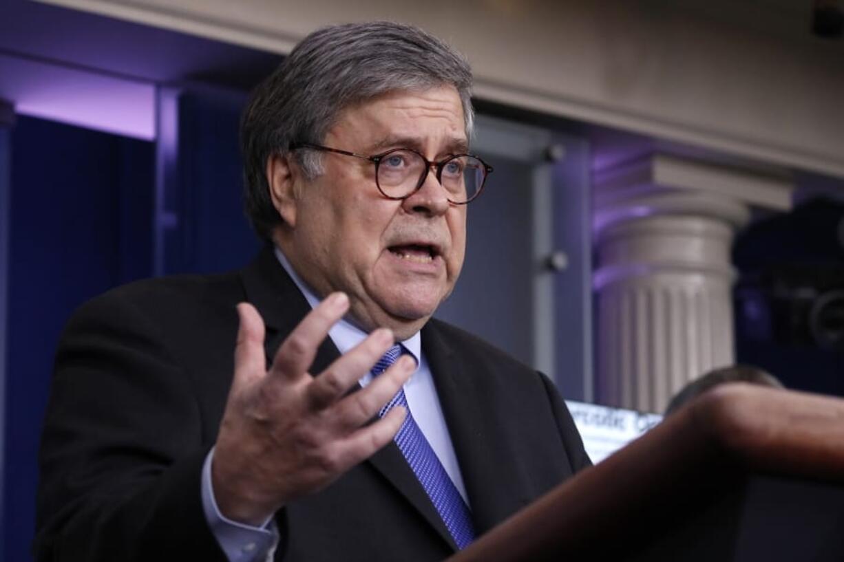 Attorney General William Barr speaks about the coronavirus in the James Brady Press Briefing Room of the White House, Wednesday, April 1, 2020, in Washington.