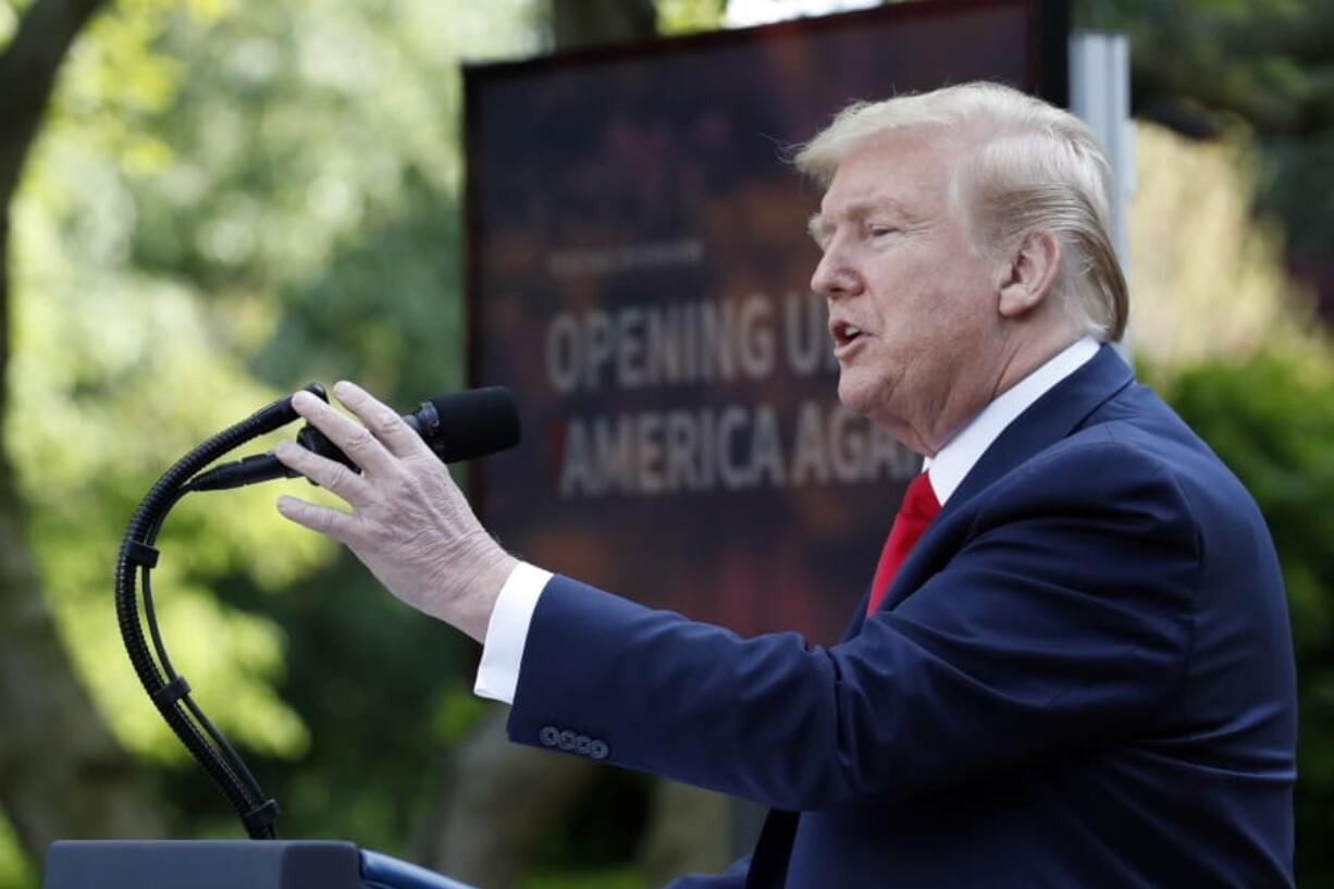 President Donald Trump speaks about the coronavirus in the Rose Garden of the White House, Monday, April 27, 2020, in Washington.