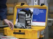 A ventilator is displayed during a news conference at the New York City Emergency Management Warehouse on March 24.