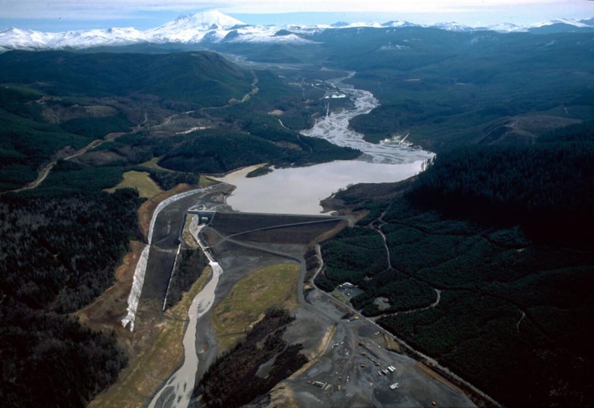 The sediment retention structure on the North Fork of the Toutle River was completed 1989 by the U.S. Army Corps of Engineers to retain some of the sediment in the Toutle River flowing down from the slopes of Mt. St. Helens. The dam is approximately 22 miles upriver from Castle Rock, Washington. (U.S.