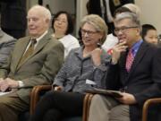 Former Washington Governors Dan Evans, from left, Chris Gregoire, and Gary Locke sit together before testifying during a 2019 hearing on Initiative 1000 before a joint Washington state House and Senate committee in Olympia. Every governor knows what it&#039;s like to be caught up in a crisis.