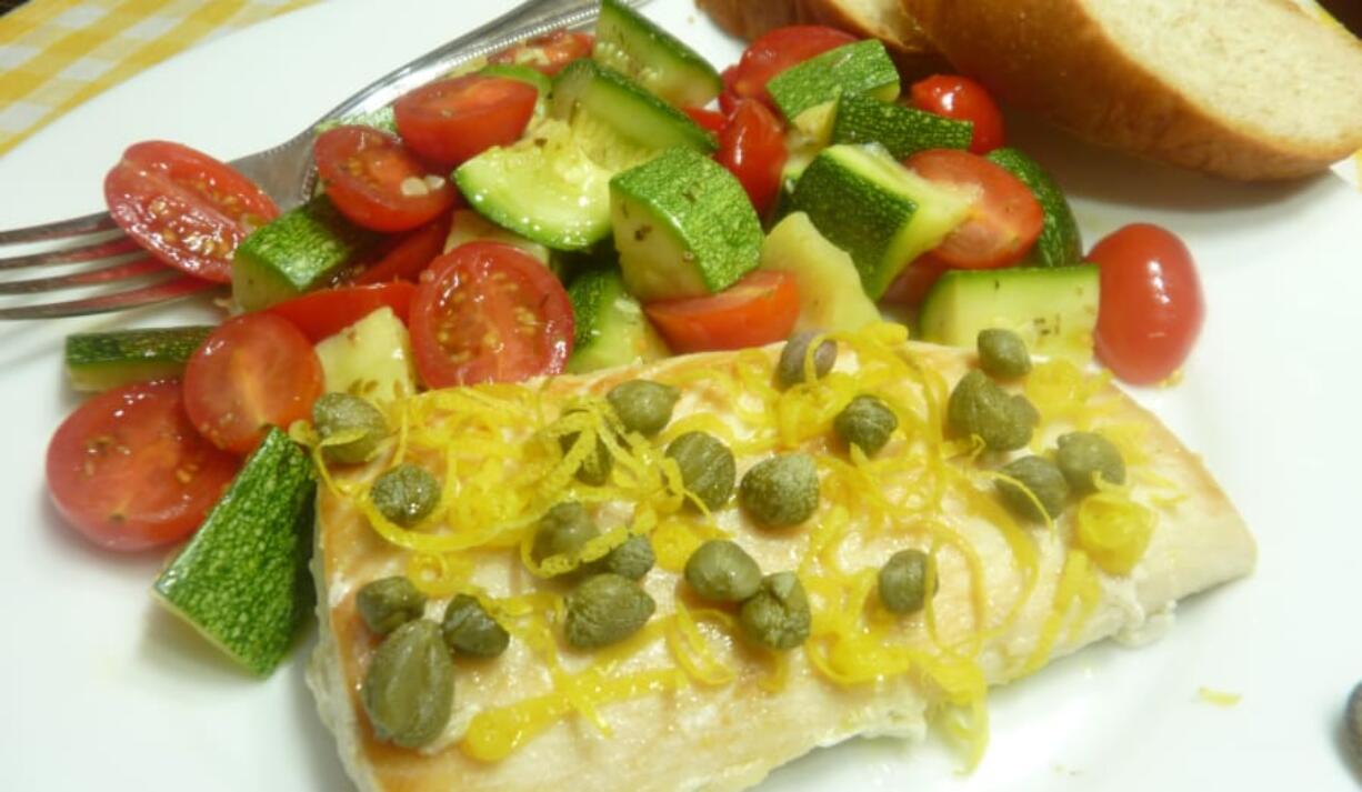 Lemon-flavored halibut with warm zucchini salad.