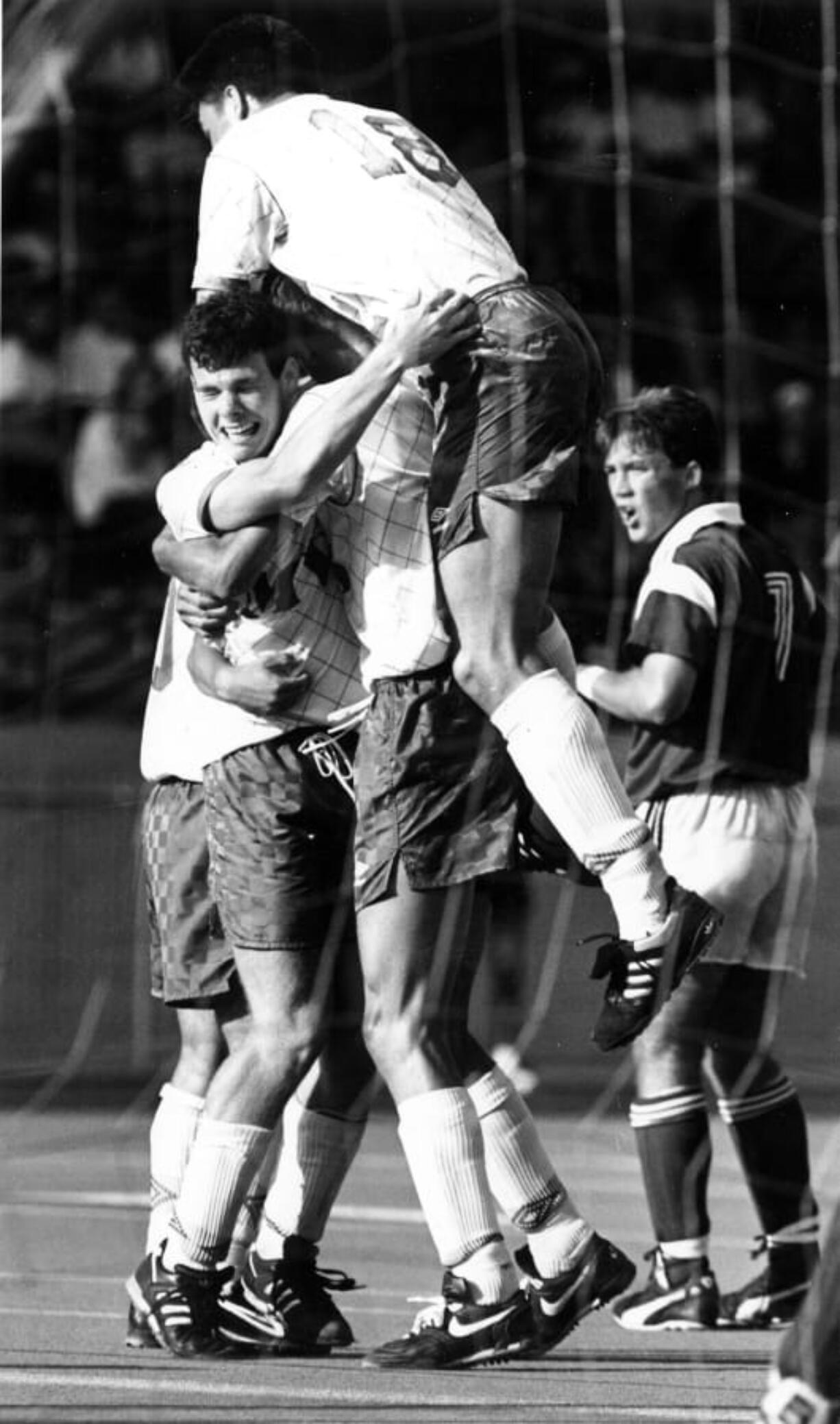 Mountain View's Doug Wolvert, top, and his team celebrate a goal during the 1992 season.