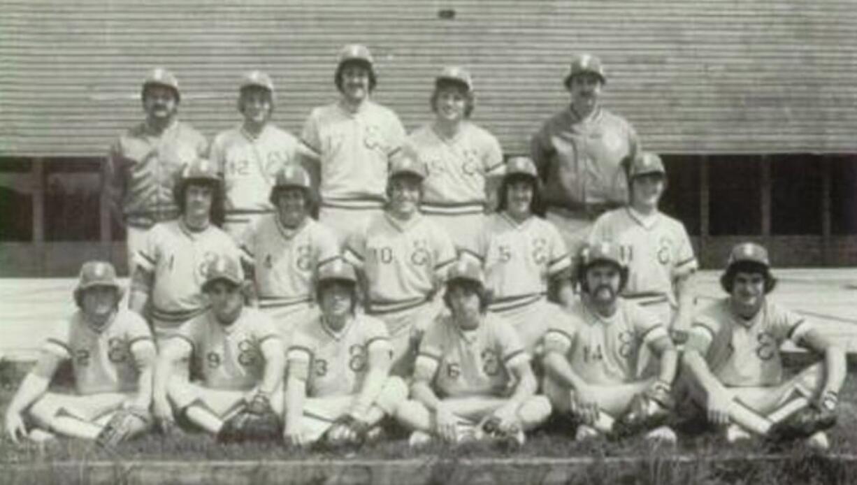 The 1980 Evergreen High School baseball team included (top row, L-R) coach Greg Wallace, Doug Houser, Brian Bergerud, John Michel, coach Jeff Hudson; (middle row) Mike Wade, John Robison, Gary Lundberg, Monte Speyer, Randy Myers; (front row) Ed Taylor, Mark O'Shea, Randy Krause, Steve Lauritzen, Tony Dente, Bob Allinger.