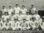 The 1980 Evergreen High School baseball team included (top row, L-R) coach Greg Wallace, Doug Houser, Brian Bergerud, John Michel, coach Jeff Hudson; (middle row) Mike Wade, John Robison, Gary Lundberg, Monte Speyer, Randy Myers; (front row) Ed Taylor, Mark O'Shea, Randy Krause, Steve Lauritzen, Tony Dente, Bob Allinger.