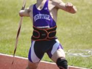 Sean Keller of Heritage High School finished first in the javelin competition Saturday, May 26, 2012 at the Washington State Track &amp; Field Meet at Mount Tahoma Stadium in Tacoma.