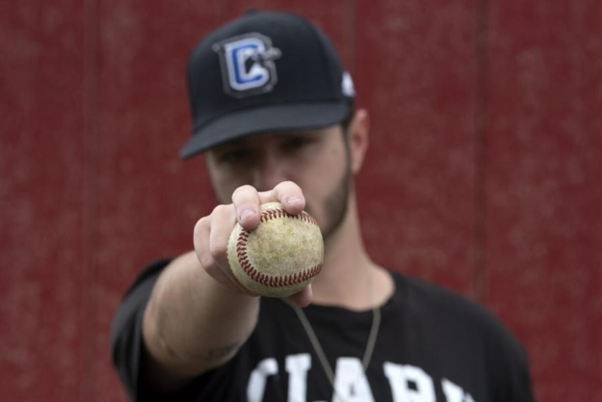 Evan Siegel, a Clark College pitcher, is pictured at Fort Vancouver High School in Vancouver on April 22, 2020.