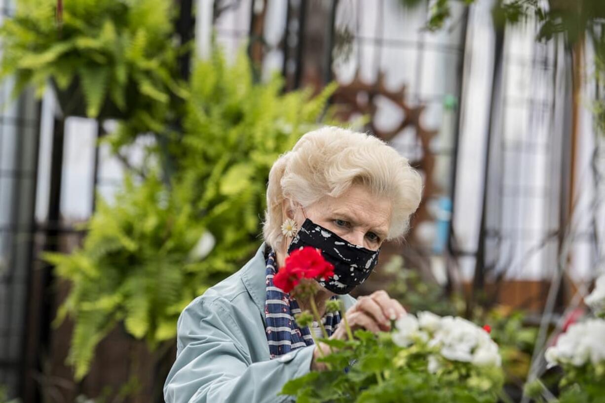 Bonnie Jean Brandt of Vancouver browses through the selection of plants and flowers at Yard &#039;n Garden Land on Tuesday. The shop recently returned to in-person operations after more than a month of online-only sales.