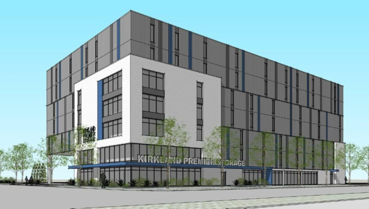 A concept rendering submitted to the city shows the planned self-storage project with the Phase 1 portion of the building completed, as seen from the intersection of West Seventh and Jefferson streets. Phase 2 would add a second section of the building on the north side.