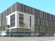 A concept rendering submitted to the city shows the planned self-storage project with the Phase 1 portion of the building completed, as seen from the intersection of West Seventh and Jefferson streets. Phase 2 would add a second section of the building on the north side.